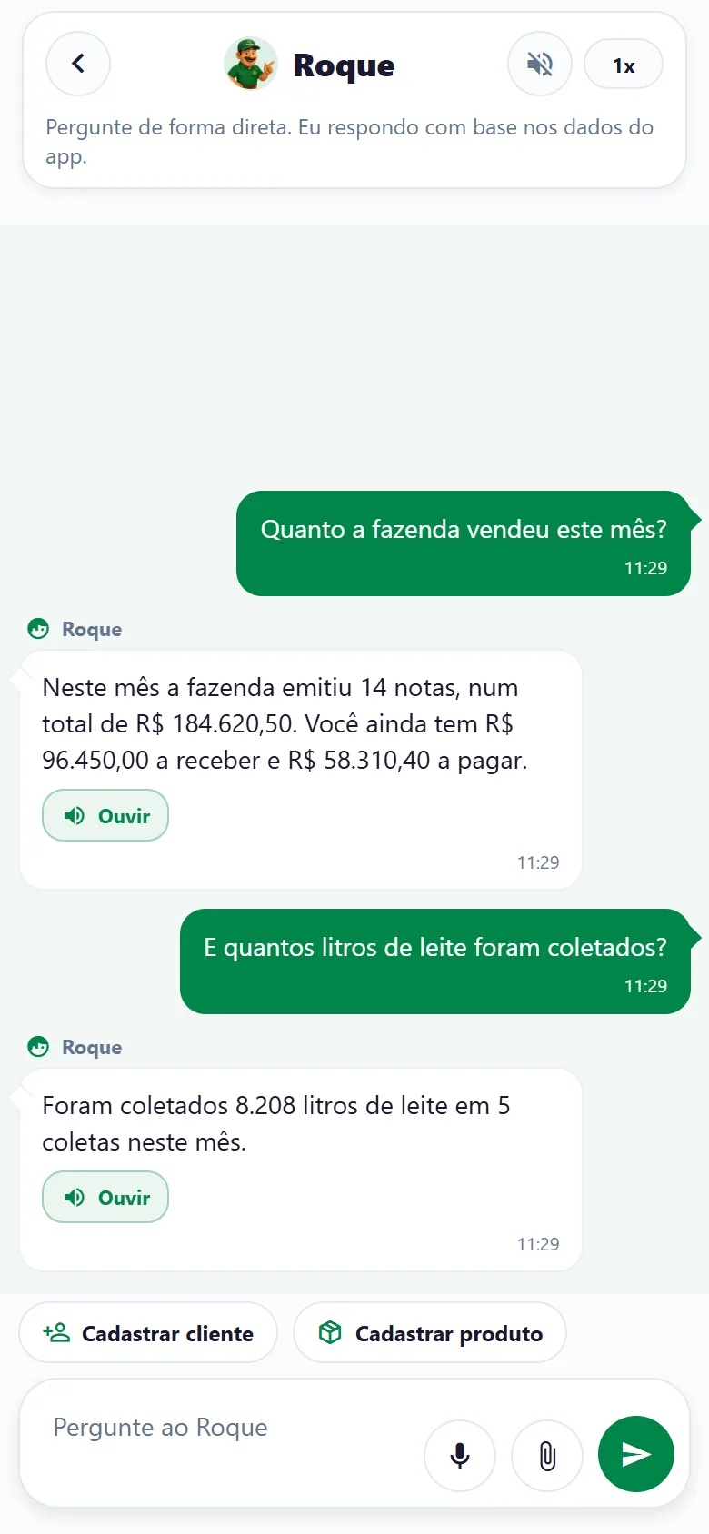 Conversa com o assistente Roque no aplicativo AgroMob