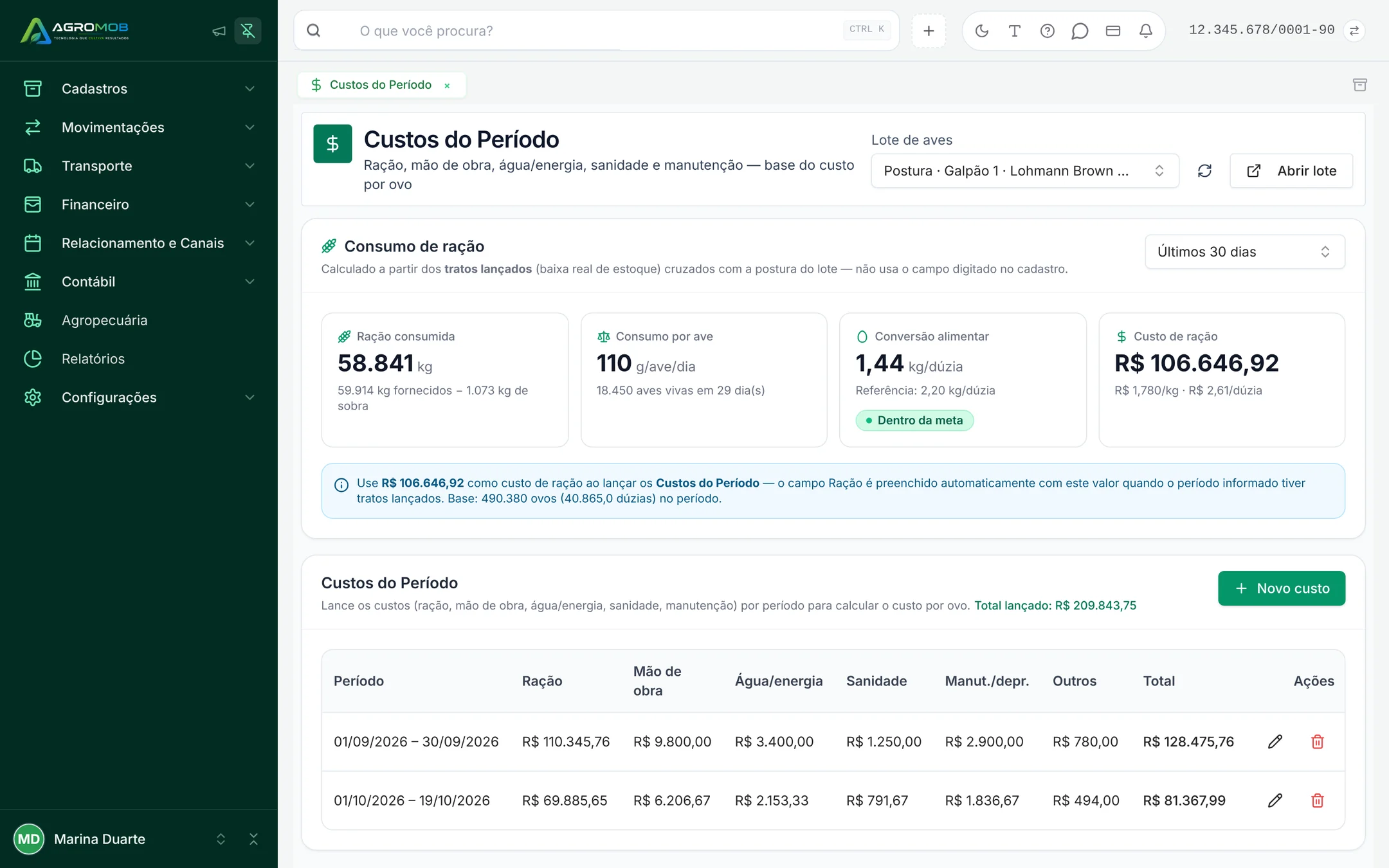 Custos do Período com ração consumida, consumo por ave, conversão alimentar, custo de ração e tabela de custos por período