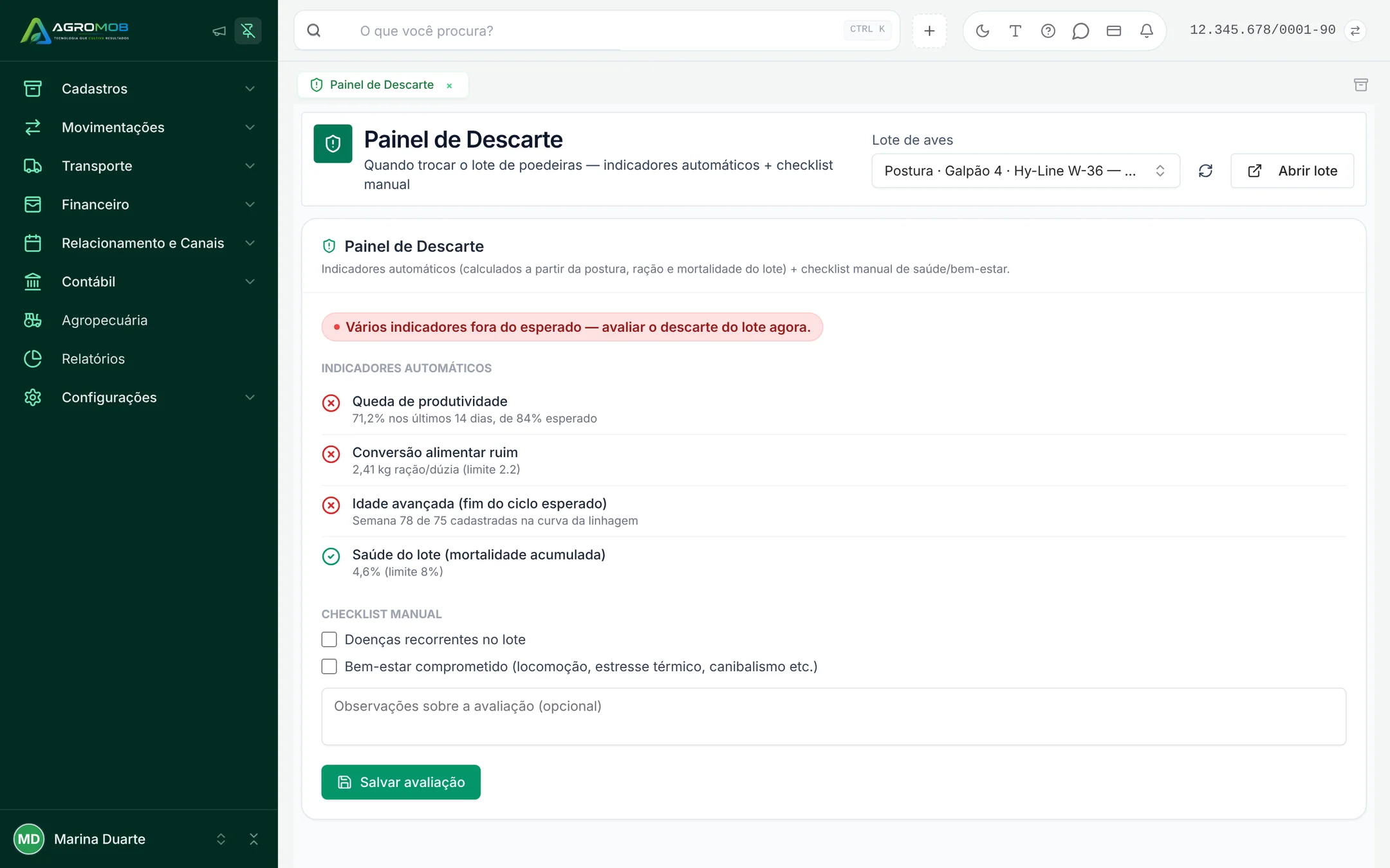 Painel de Descarte com indicadores automáticos fora do esperado e checklist manual de saúde e bem-estar