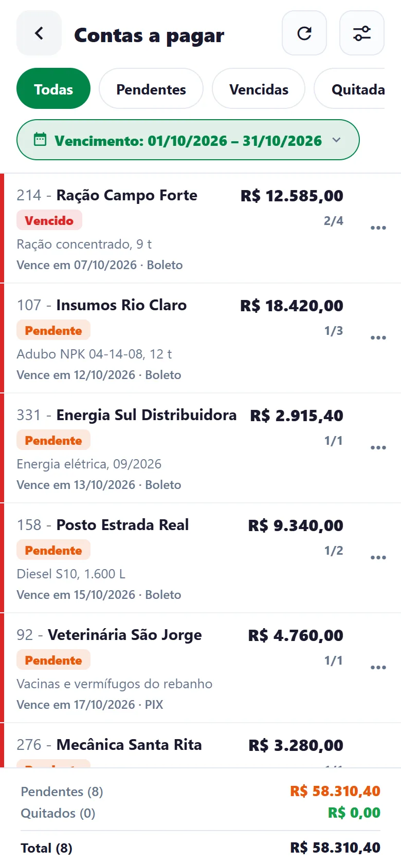 Lista de contas a pagar no app, com fornecedor, vencimento, valor e situação