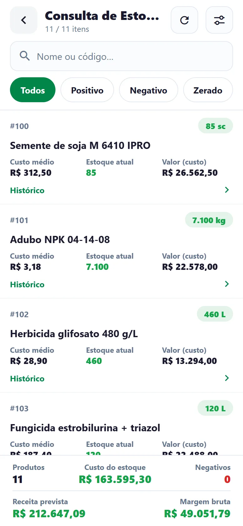 Consulta de estoque no app, com produto, saldo, custo e valor em estoque