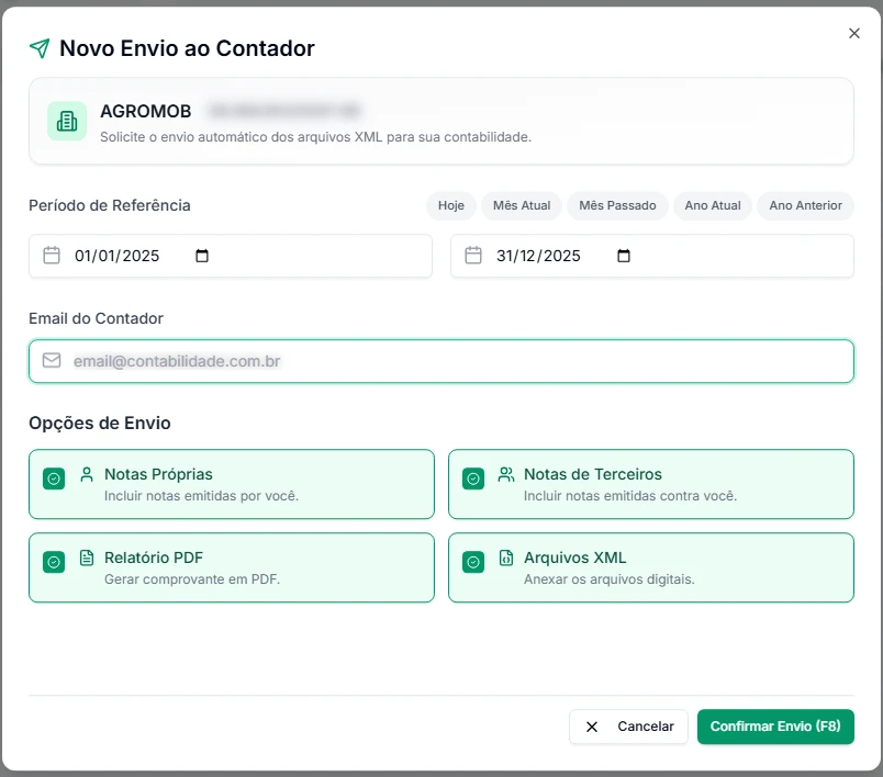 Janela Novo Envio ao Contador com período de referência, e-mail do contador e opções de envio (notas próprias, notas de terceiros, relatório PDF e arquivos XML)
