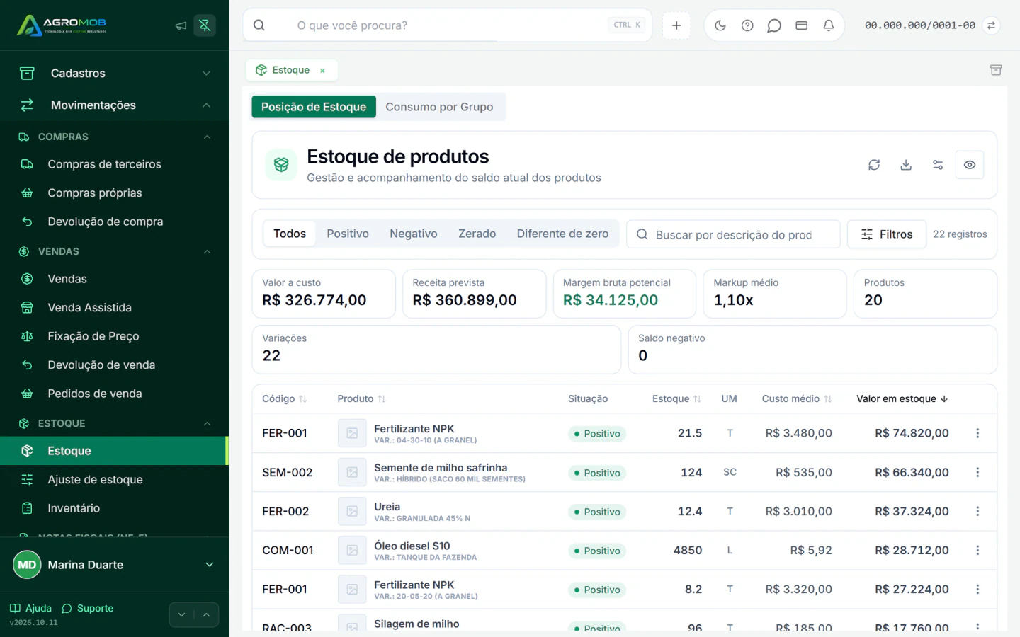 Posição de estoque de produtos com código, descrição, saldo, custo e situação