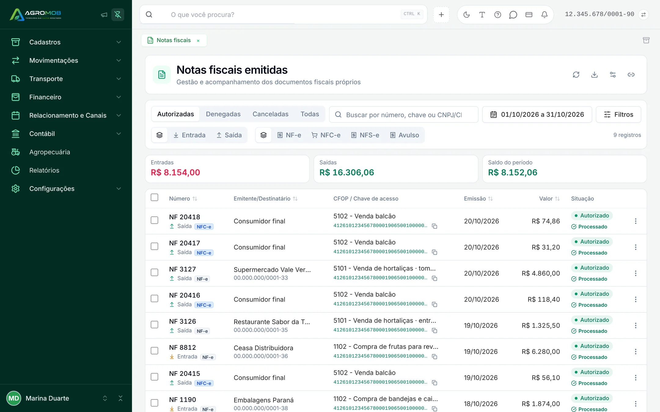 Lista de notas fiscais emitidas com número, destinatário, valor e situação