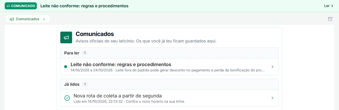 Tela de comunicados do produtor com um aviso para ler e um já lido