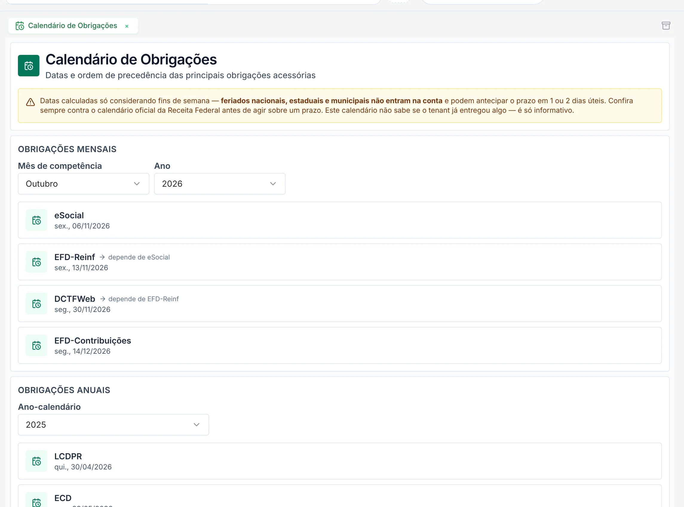 Calendário de obrigações acessórias do escritório com prazos e dependências