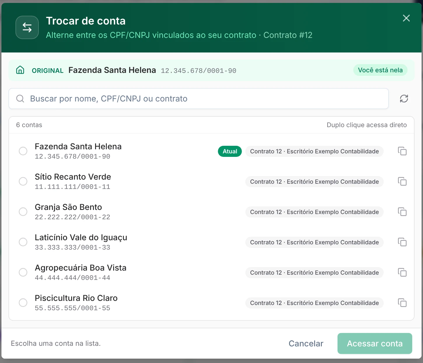 Lista de contas vinculadas ao escritório, com busca