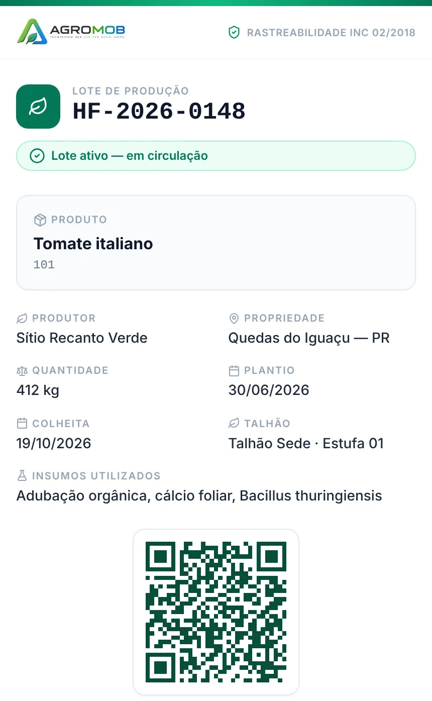 Página pública do lote HF-2026-0148 de tomate italiano, com produtor, talhão, colheita, insumos e QR Code