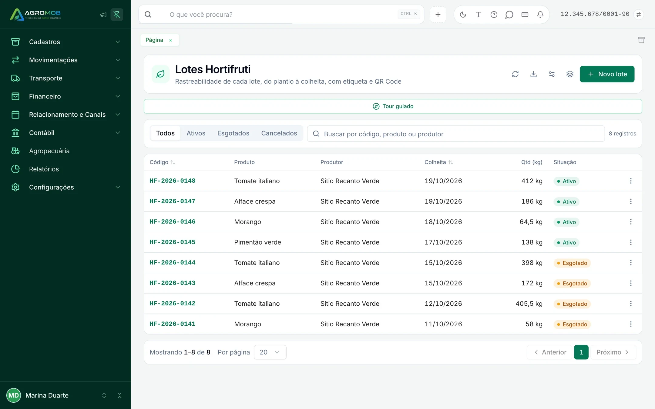 Lista de lotes de hortifrúti com código, produto, produtor, data de colheita, quantidade em quilos e situação