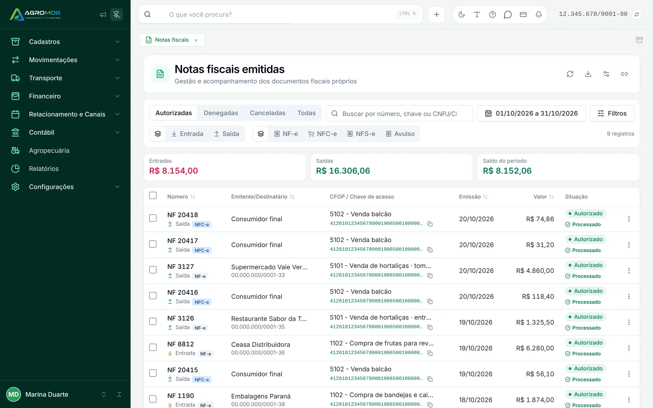 Lista de notas fiscais emitidas com NFC-e de venda balcão, NF-e para supermercado e restaurante e compras da Ceasa