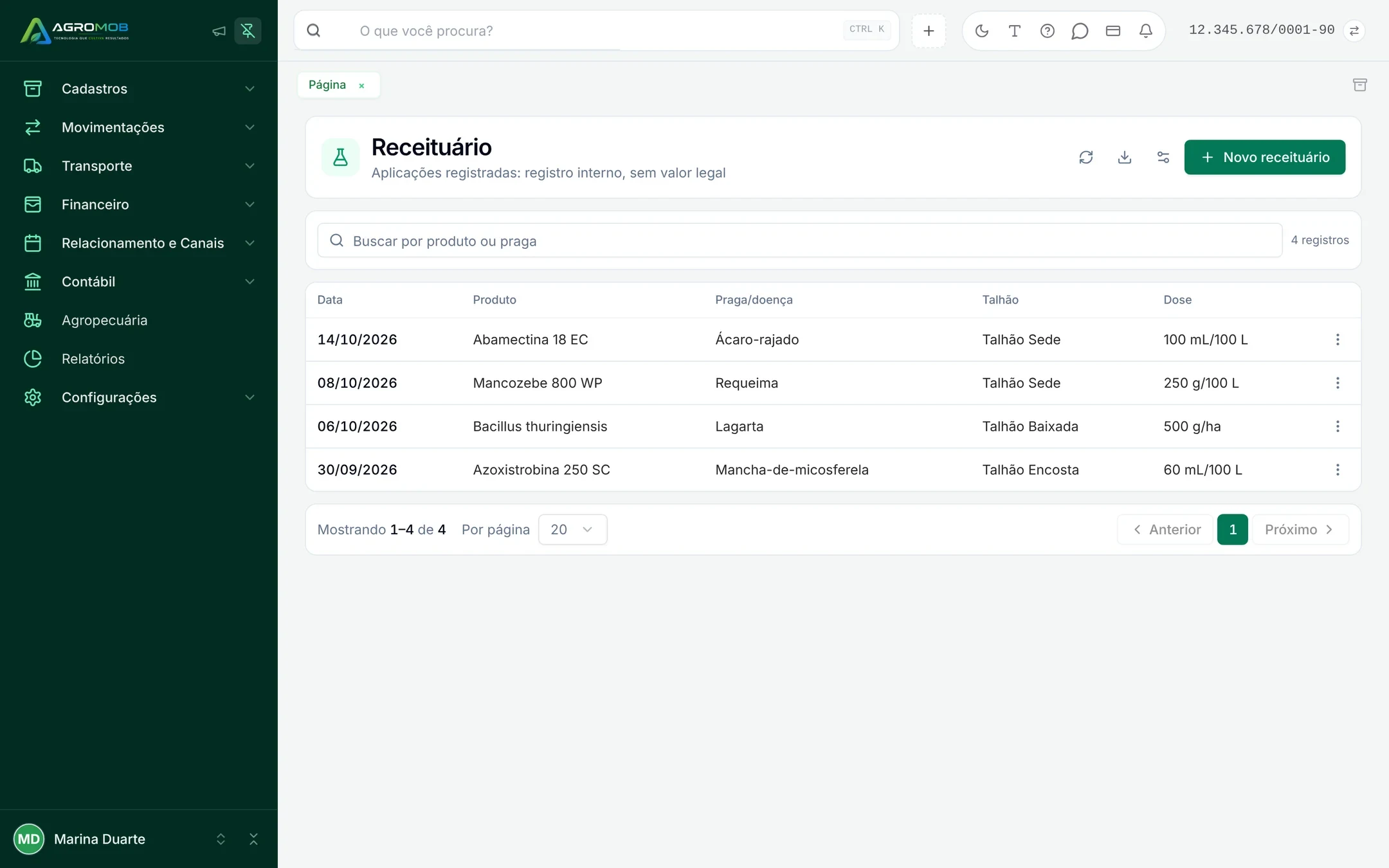 Lista de aplicações registradas com data, produto, praga ou doença, talhão e dose