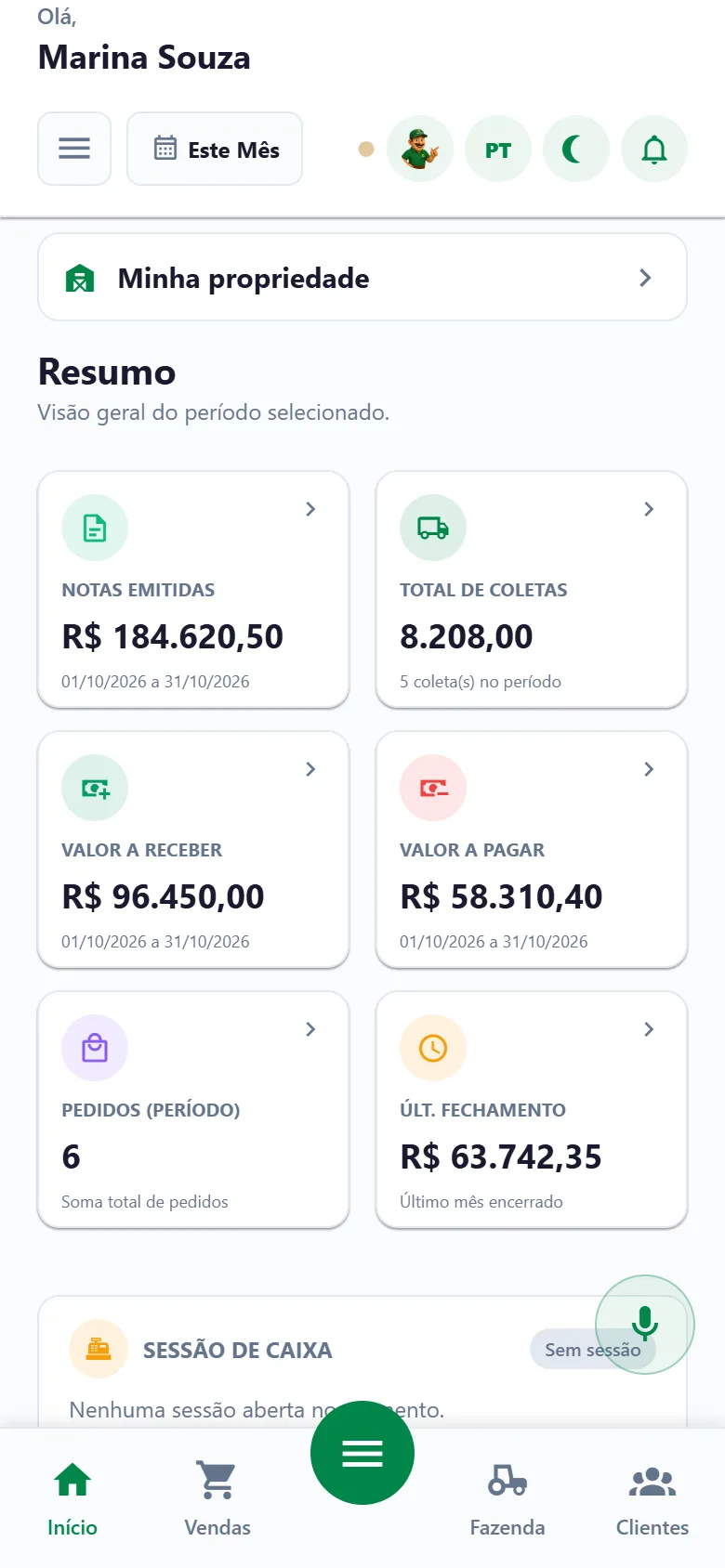 Tela inicial do app com resumo de notas emitidas, coletas, valor a receber e a pagar