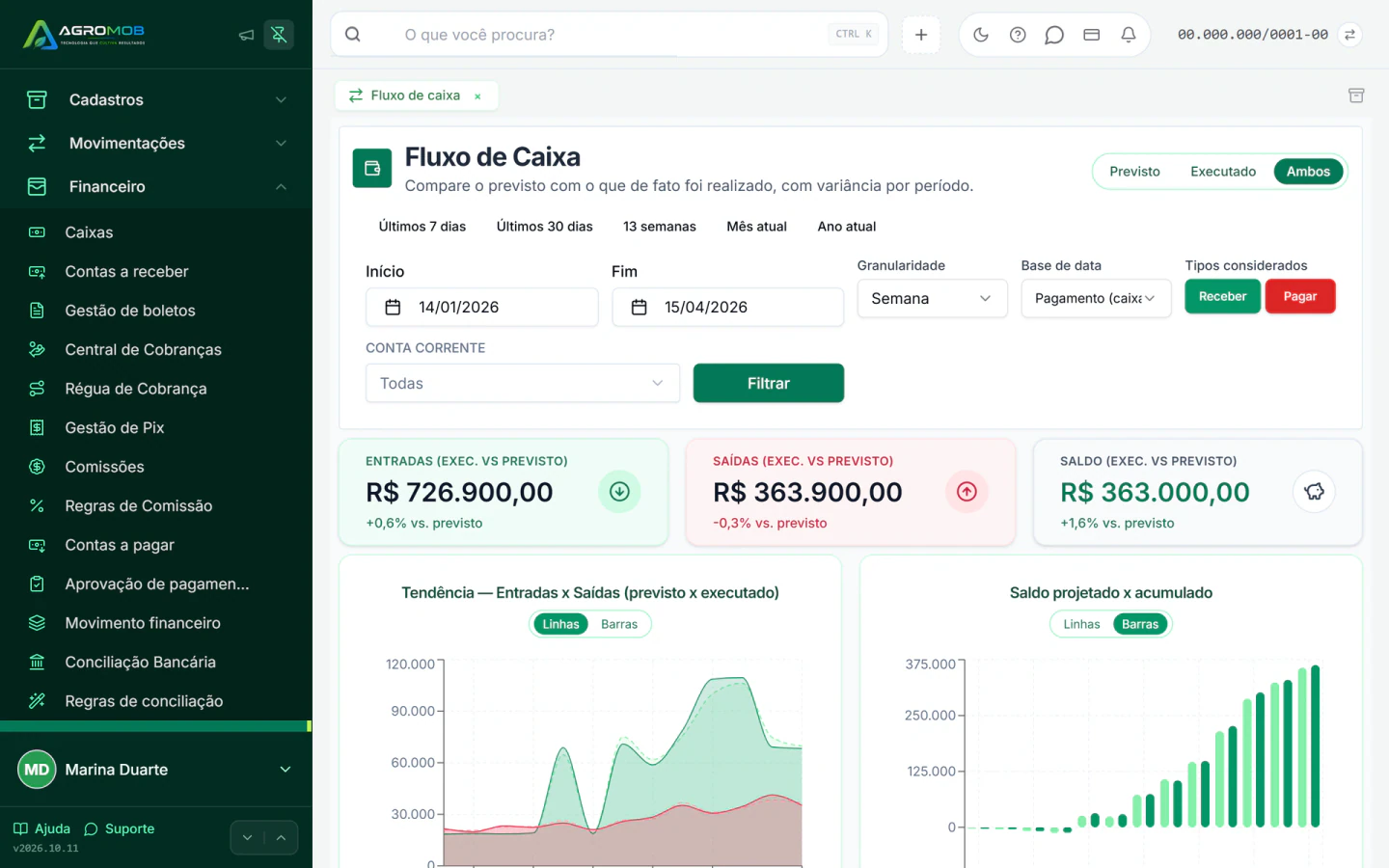Fluxo de caixa com entradas, saídas e saldo, previsto e executado, e gráficos de tendência