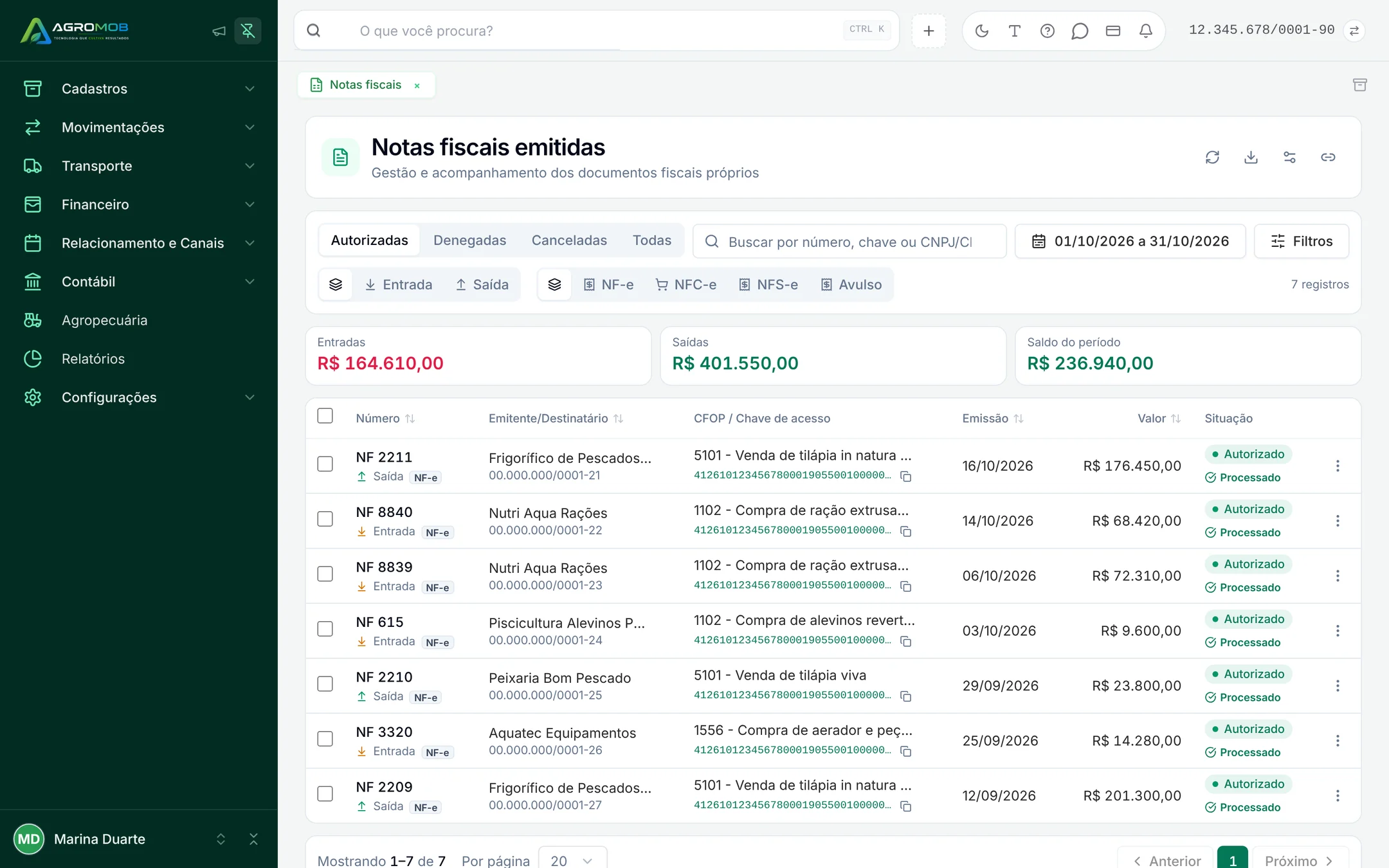 Notas fiscais emitidas com vendas de tilápia e compras de ração e alevinos