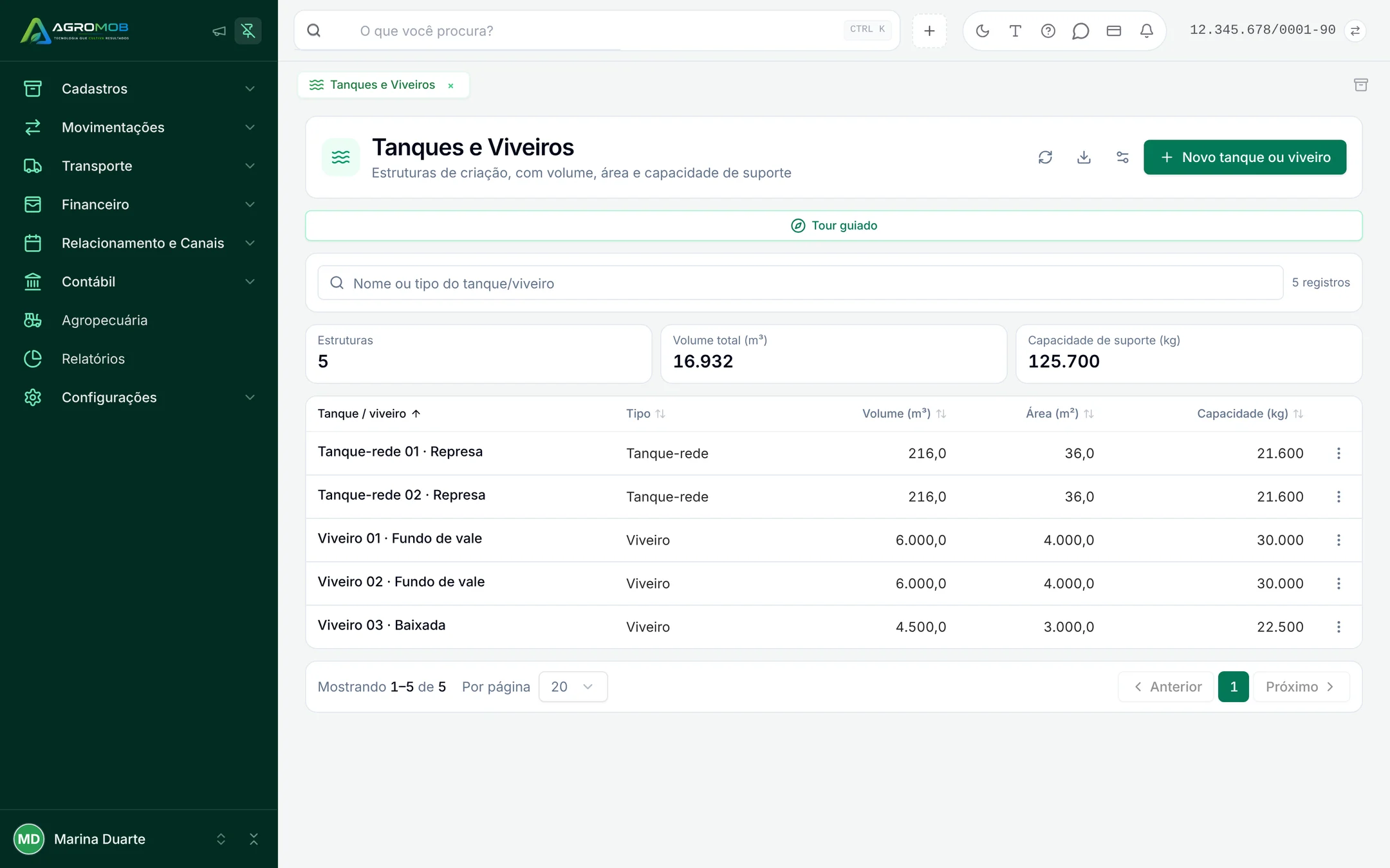Lista de tanques e viveiros com tipo, volume, área e capacidade de suporte