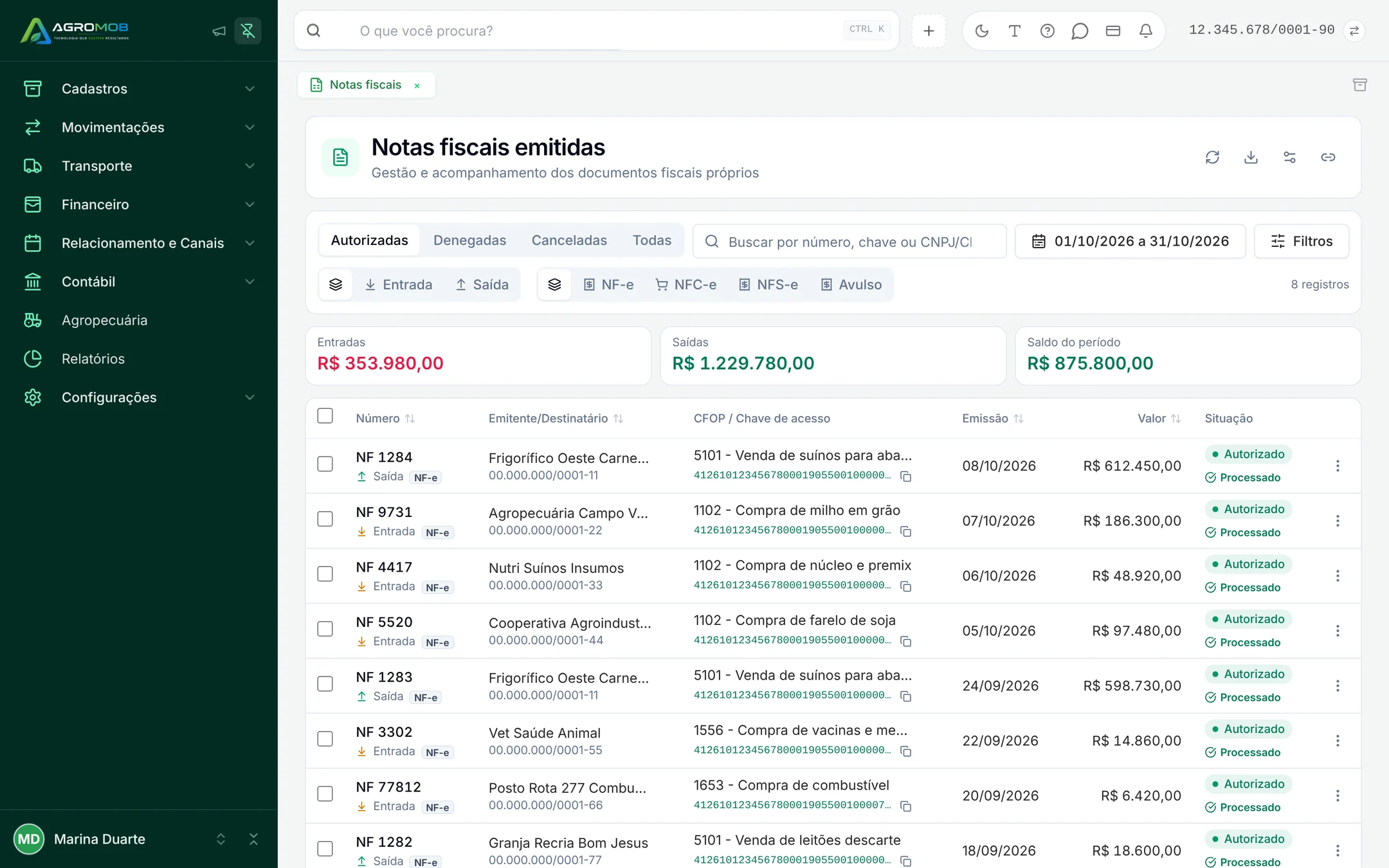 Notas fiscais emitidas com vendas de suínos ao frigorífico e compras de milho, núcleo, farelo e vacinas
