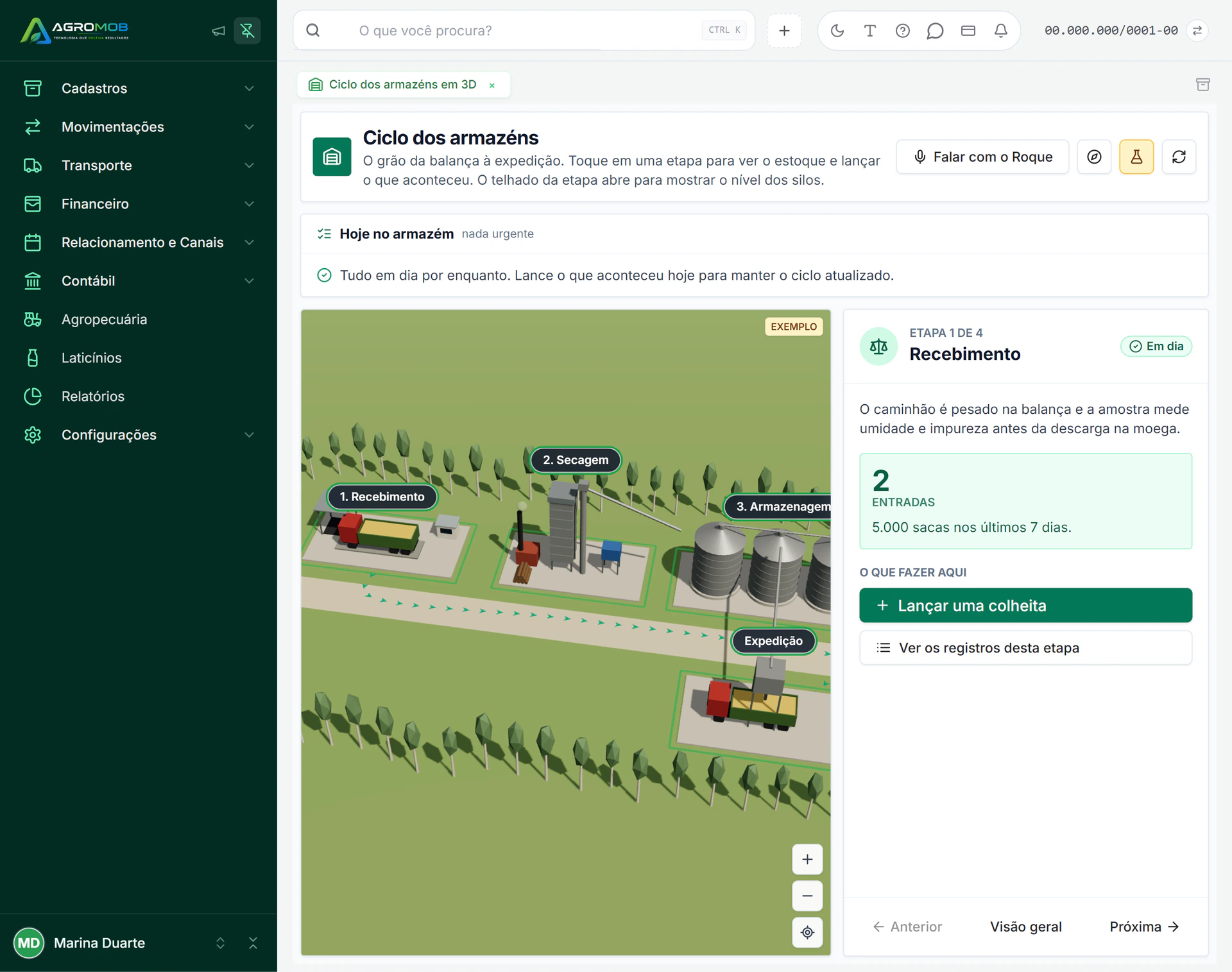 Posição de grãos no AgroMob com saldo por silo próprio e por depósito de terceiros