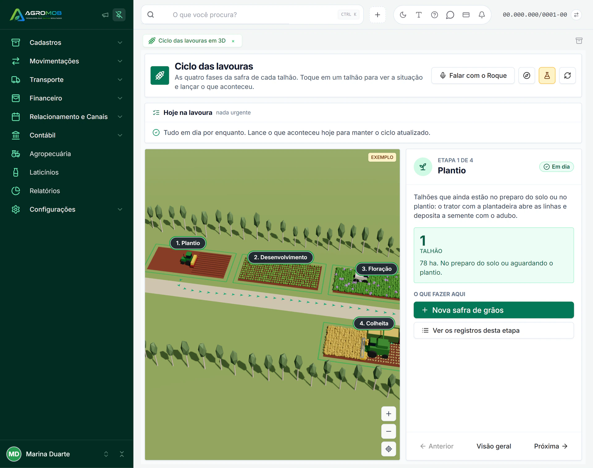 Resultado por safra e talhão no AgroMob, com receita, custo e lucro por hectare