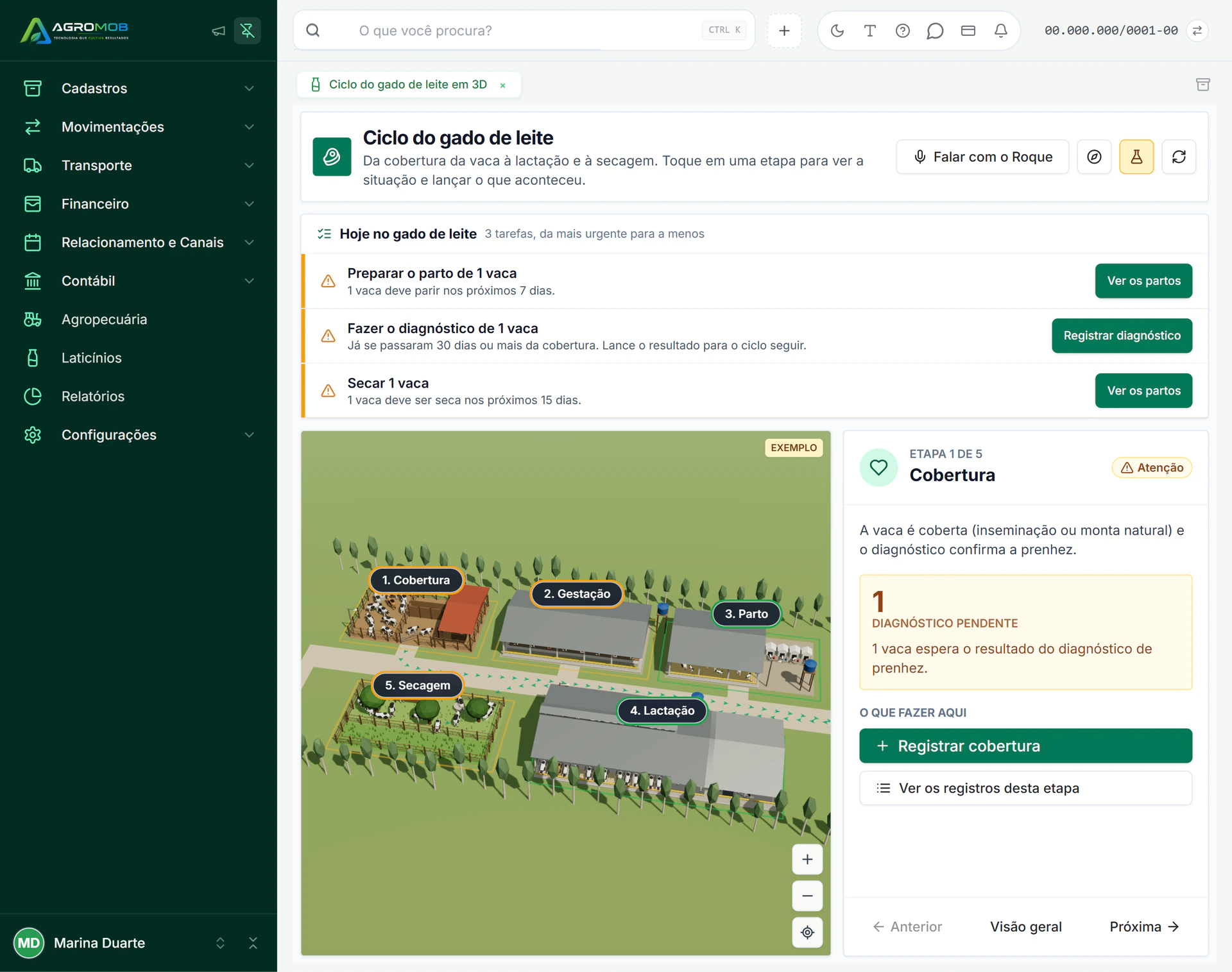Painel de gado de leite do AgroMob com produção, CCS e custo por litro
