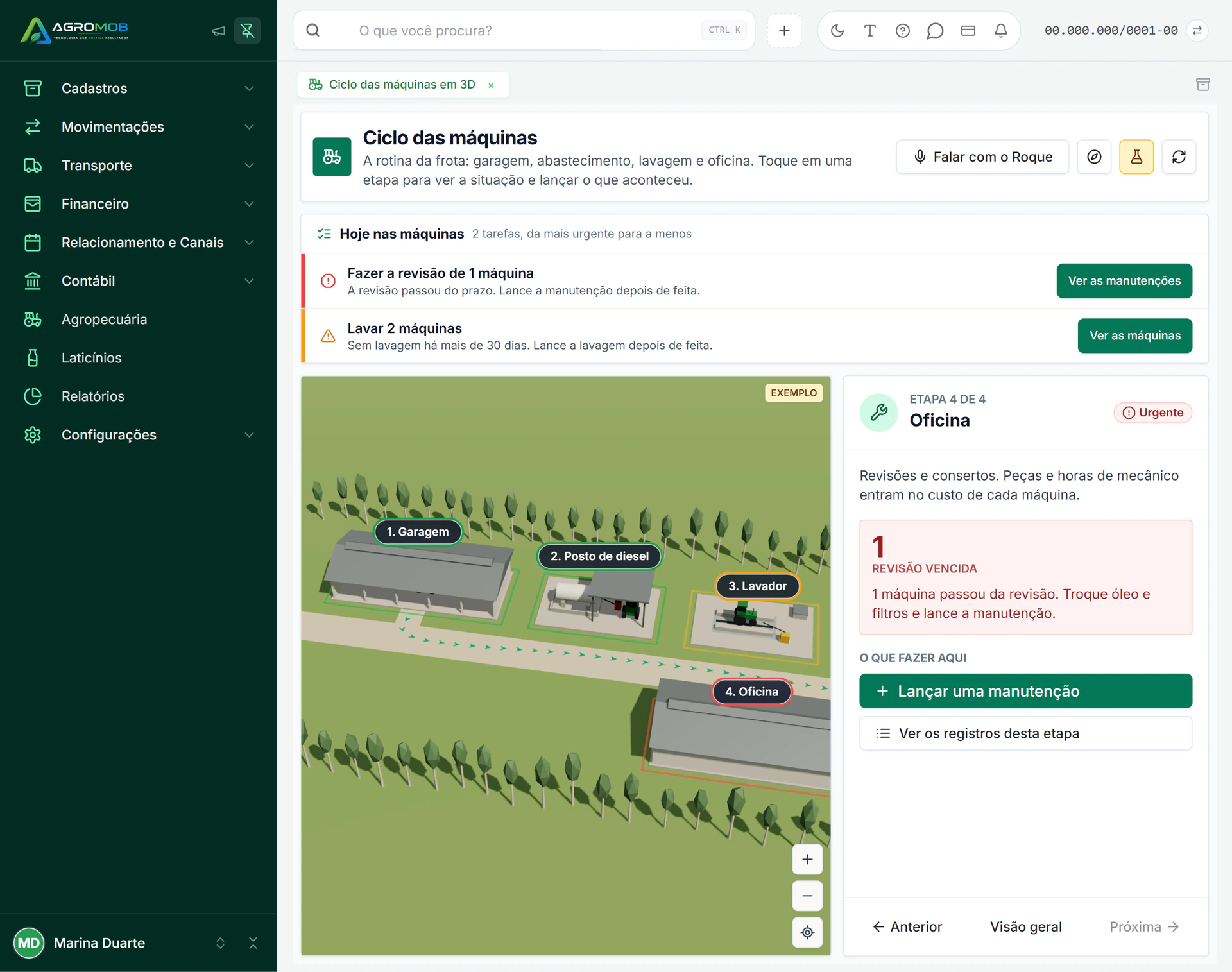 Frota do AgroMob com medidor, capacidade em hectares por hora e próxima revisão de cada máquina