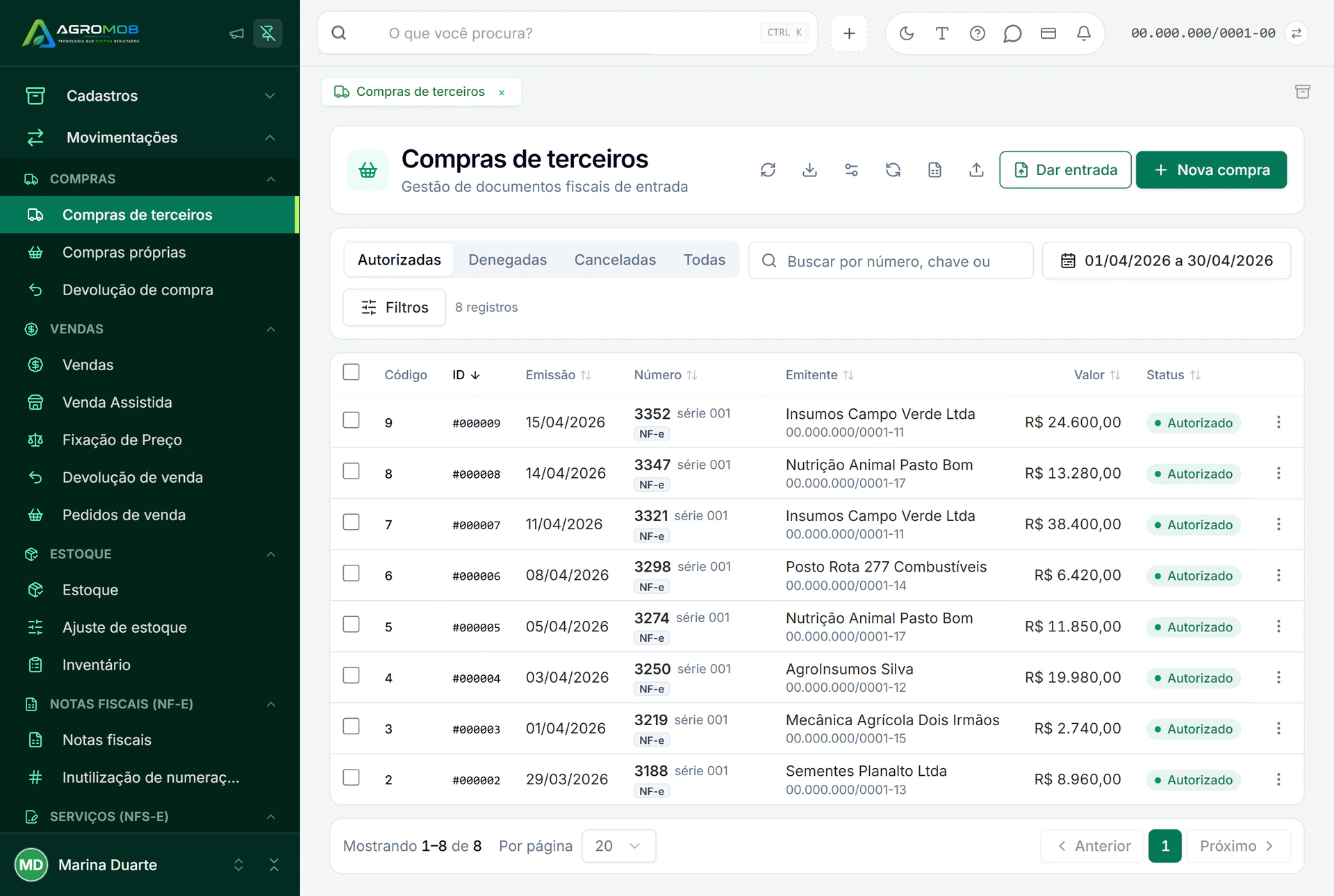 Conciliação bancária do AgroMob com a conta sugerida para cada movimento do extrato