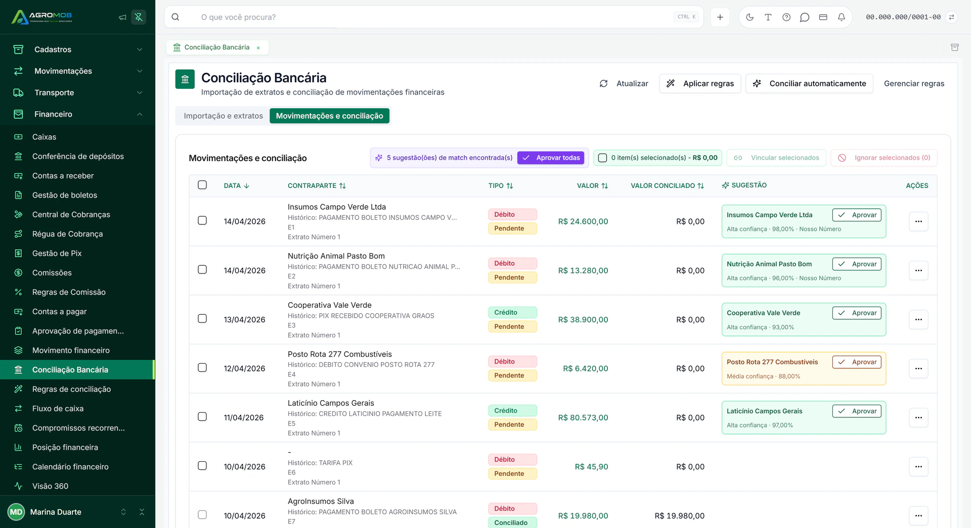 Conciliação bancária do AgroMob com a conta sugerida para cada movimento do extrato