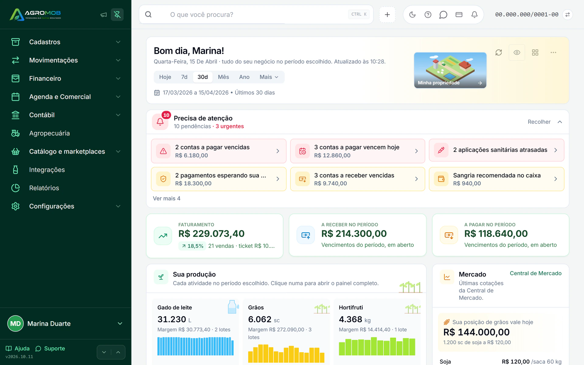Painel da AgroMob com o resultado da propriedade, pronto para a reunião com o cliente