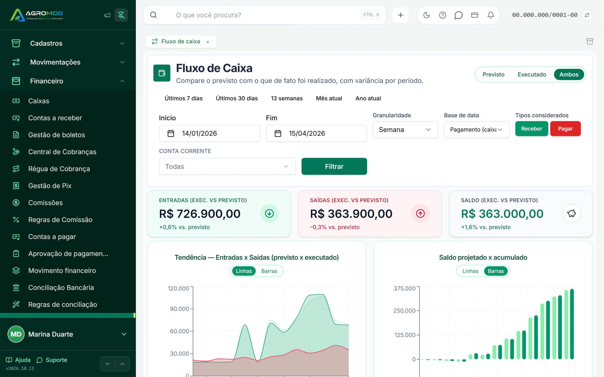 Tela financeira real da AgroMob