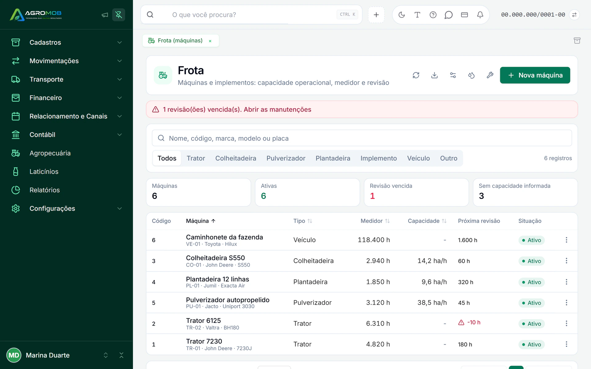 Frota do AgroMob com medidor, capacidade em hectares por hora e próxima revisão de cada máquina