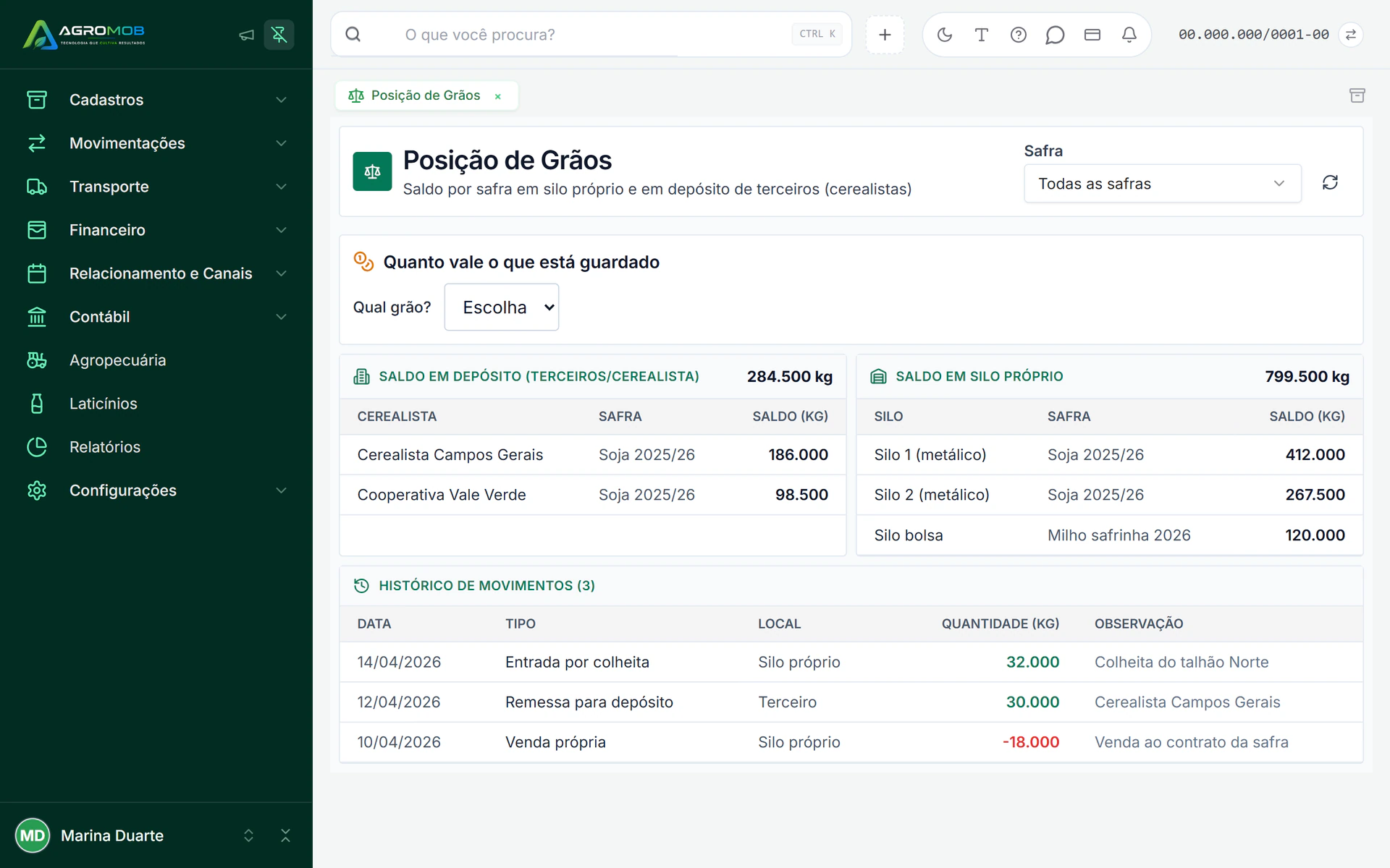 Posição de grãos no AgroMob com saldo por silo próprio e por depósito de terceiros
