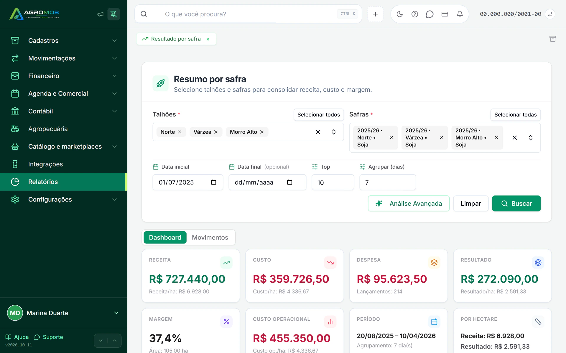 Tela de resultado por safra da AgroMob, comparando talhões