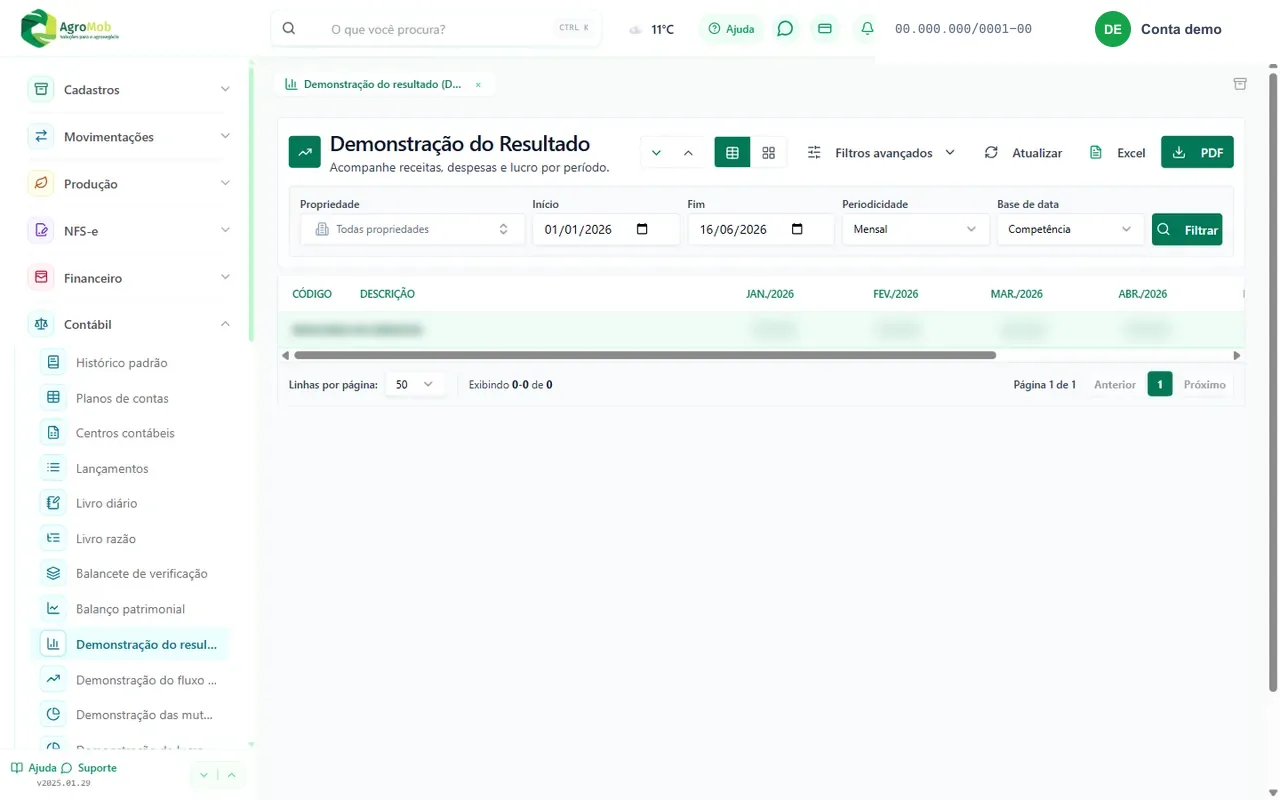 Tela de Demonstração do Resultado do AgroMob, com o menu contábil ao lado