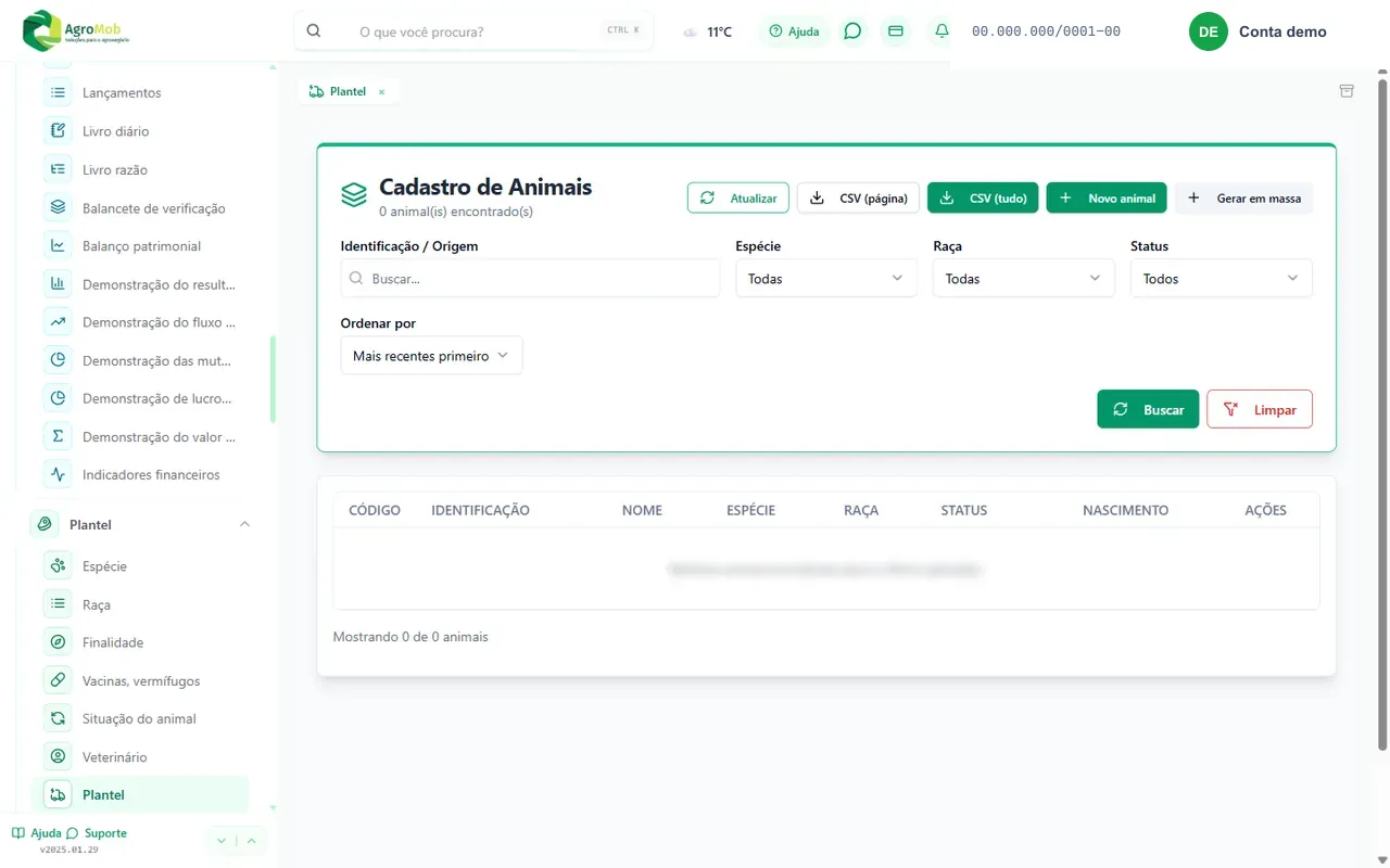 Tela de Cadastro de Animais do AgroMob, com filtros de espécie e raça